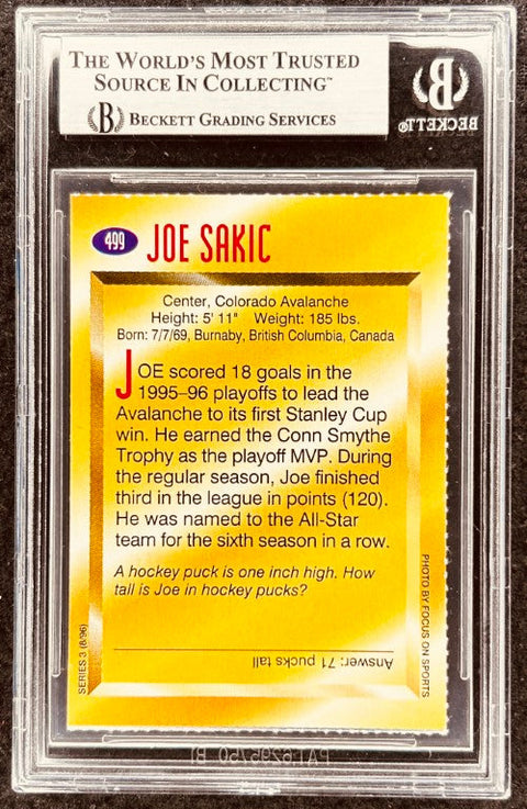 Joe Sakic signed Avalanche 1996 SI for Kids card BAS (back)