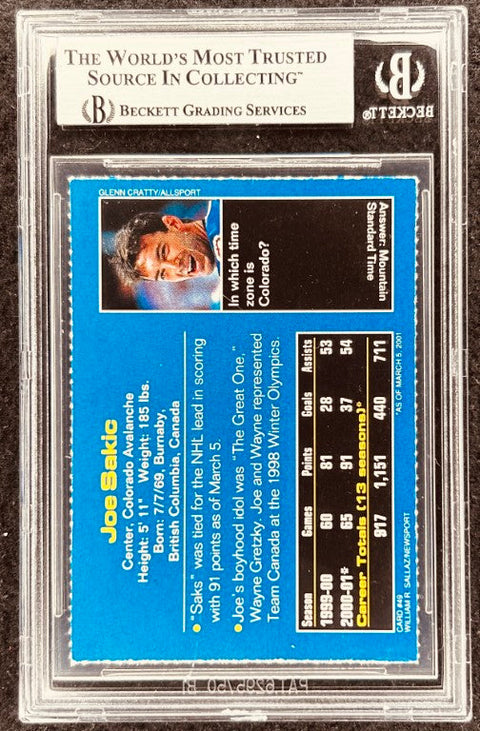 Joe Sakic signed Avalanche 2001 SI for Kids card BAS (back)