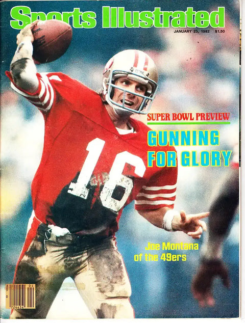 Joe Montana in 49ers jersey on Sports Illustrated cover, Super Bowl preview, NFL memorabilia