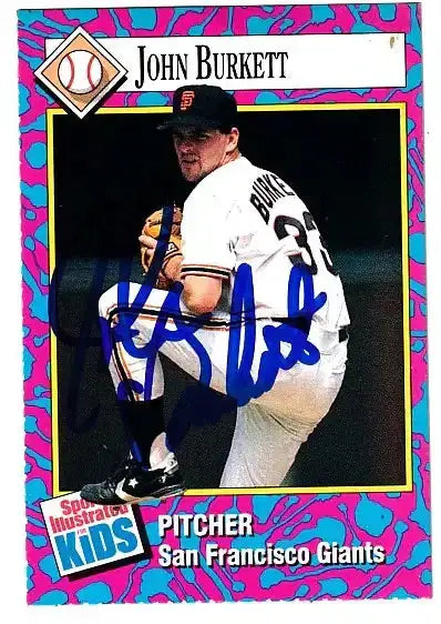 John Burkett autographed SI for Kids card - pitcher for the San Francisco Giants, signed in blue Sharpie