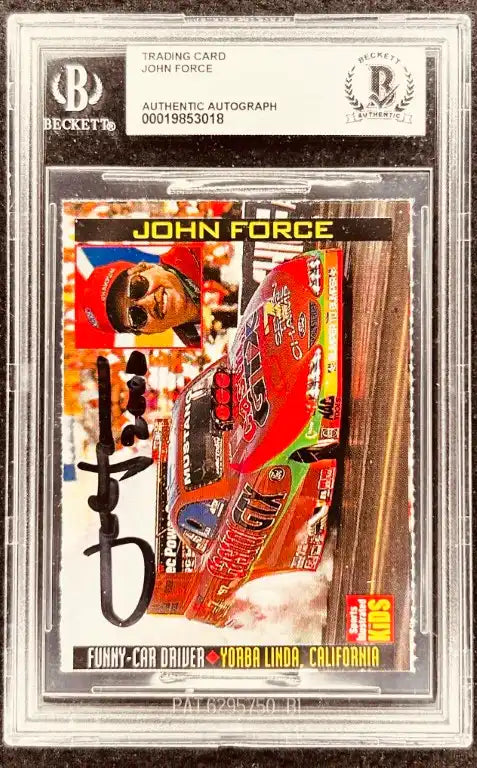 John Force signed racing trading card, authenticated by Beckett, featuring funny-car driver from Yorba Linda, California