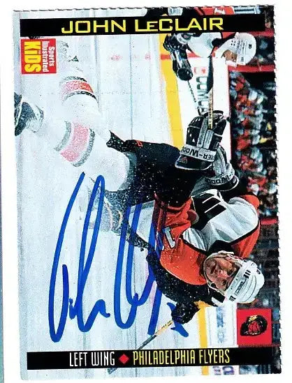 John LeClair autographed SI for Kids card - left wing for the Philadelphia Flyers, signed in blue Sharpie