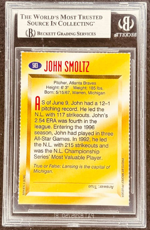John Smoltz signed Braves 1996 SI for Kids card BAS (back)