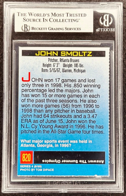 John Smoltz signed Braves 1999 SI for Kids card BAS (back)