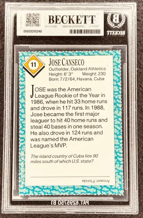 Jose Canseco 1988 Topps Traded baseball card, Beckett graded, Oakland Athletics MVP rookie autograph memorabilia