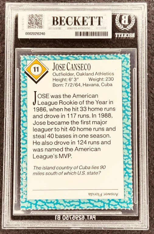 Jose Canseco 1988 Topps Traded baseball card, Beckett graded, Oakland Athletics MVP rookie autograph memorabilia
