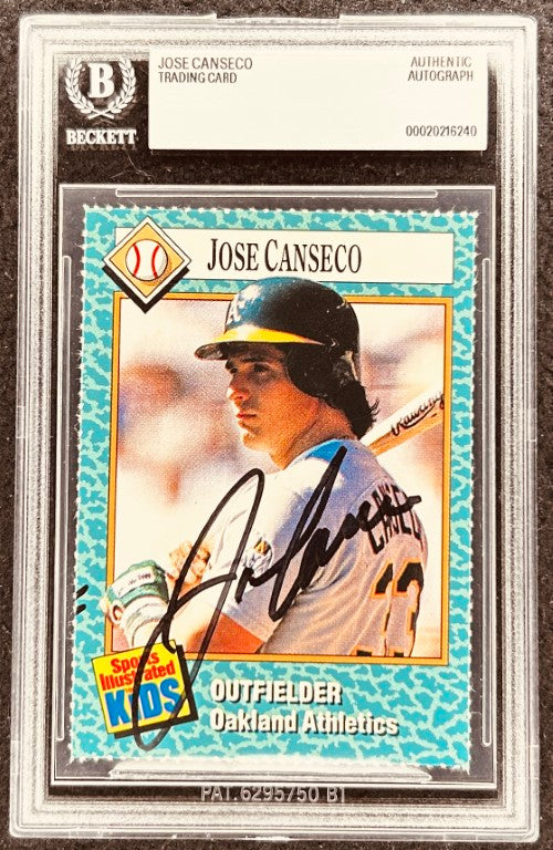 Jose Canseco autographed Oakland Athletics baseball card, Beckett authenticated, Sports Illustrated Kids edition