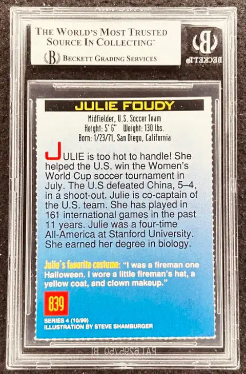 Julie Foudy U.S. Soccer Team autographed trading card, Beckett graded, Series 4, signed memorabilia collectible