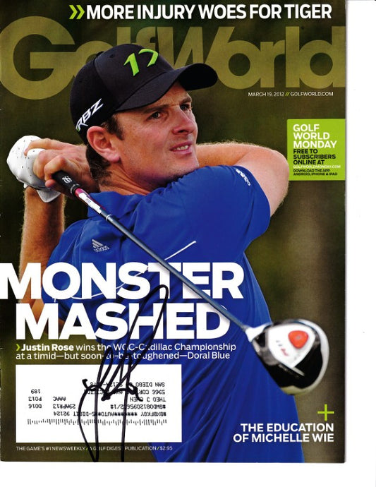 Justin Rose signed Golf World magazine cover, autographed golf memorabilia, PGA Tour golfer in action