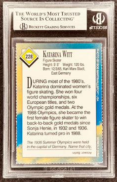 Katarina Witt figure skating trading card, graded by Beckett, highlighting her Olympic gold medals and world championships.