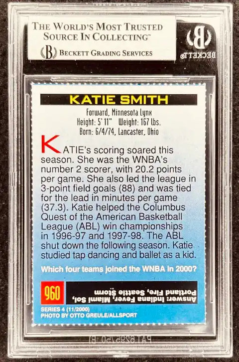 Katie Smith WNBA autographed trading card, Beckett graded, Minnesota Lynx forward, Series 4 2000