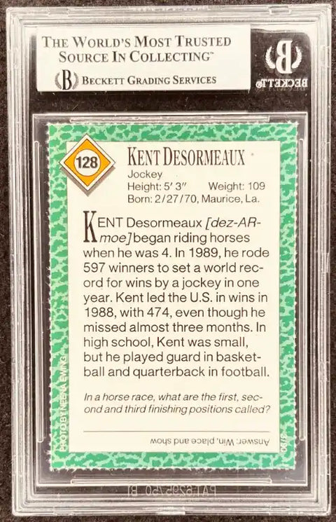Kent Desormeaux jockey trading card, Beckett graded, featuring stats and racing achievements