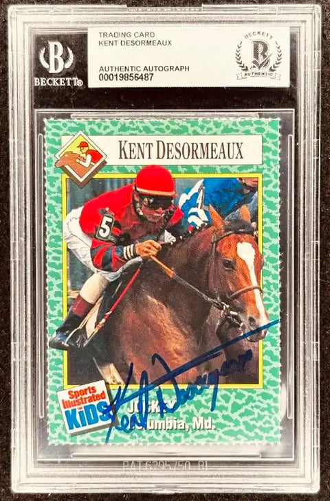 Kent Desormeaux autographed racing trading card, Beckett authenticated, jockey on horse