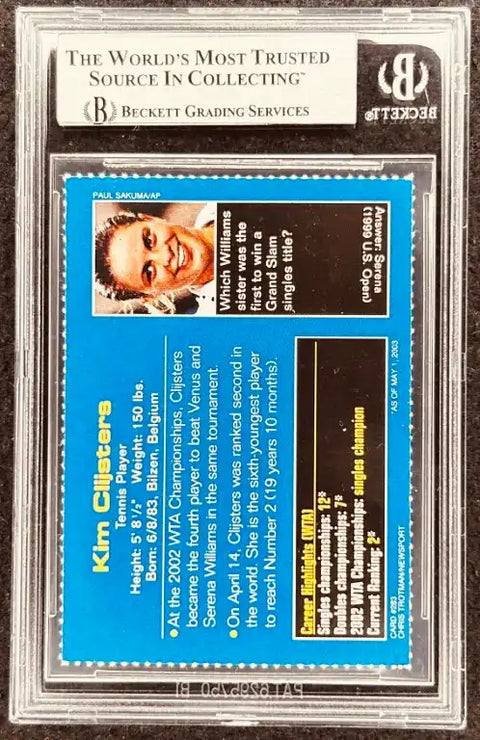 Kim Clijsters tennis player autographed trading card, Beckett graded, featuring career stats and trivia