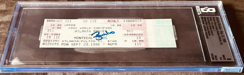 Autographed 1996 Atlanta Braves vs. Montreal Expos ticket, authenticated and slabbed, featuring Barry Bonds signature.