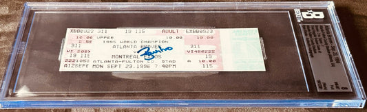 Autographed 1996 Atlanta Braves vs. Montreal Expos ticket, authenticated and slabbed, featuring Barry Bonds signature.