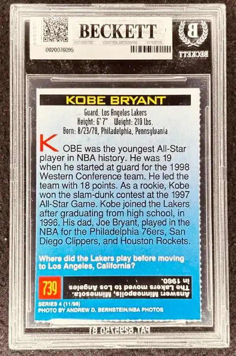 Kobe Bryant 1998 Beckett graded basketball card, Los Angeles Lakers guard, autographed memorabilia