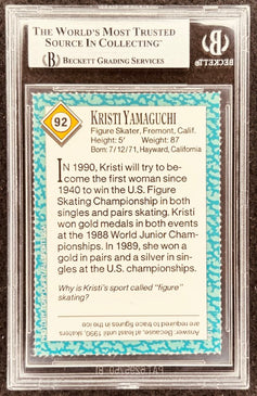 Kristi Yamaguchi figure skater autographed trading card, graded by Beckett, featuring her 1990 U.S. championship achievements.