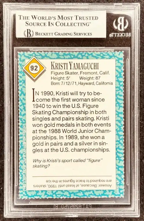 Kristi Yamaguchi figure skater autographed trading card, graded by Beckett, featuring her 1990 U.S. championship achievements.