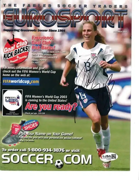 Autographed Eurosport magazine cover featuring USWNT soccer player in action, FIFA Women's World Cup 2003 promo