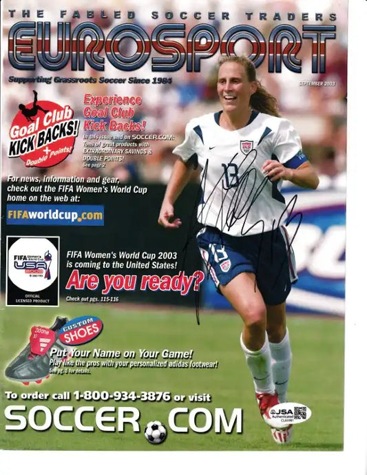 Autographed Eurosport magazine cover featuring USWNT soccer player in action, FIFA Women's World Cup 2003 promo