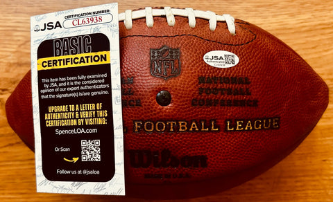 JSA certified authentic NFL football with Wilson branding and basic certification card, ideal for collectors.