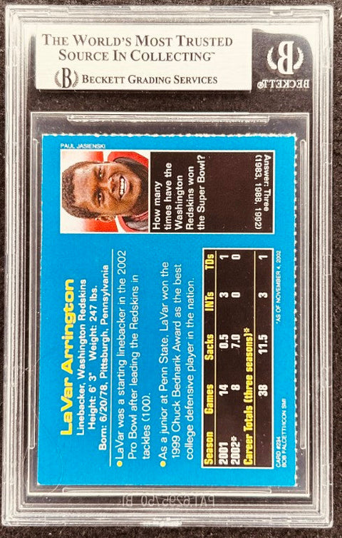 LaVar Arrington signed Redskins 2002 SI for Kids card BAS (back)
