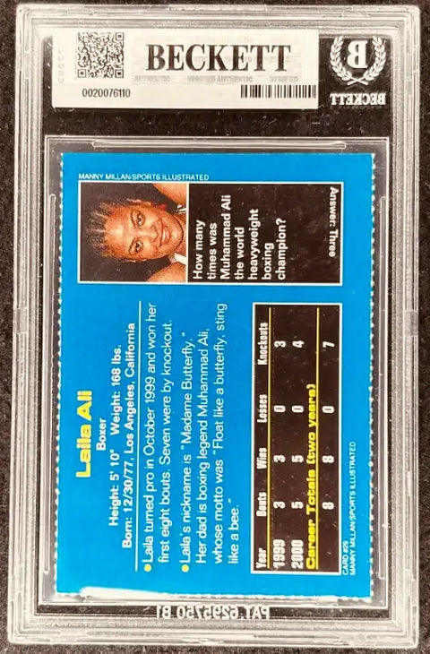 Laila Ali boxing card, Beckett graded, blue back with stats and bio, authentic signed memorabilia