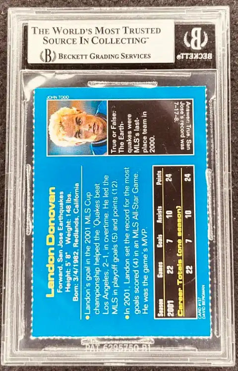 Landon Donovan MLS soccer card, Beckett graded, featuring stats and 2001 MLS Cup highlights