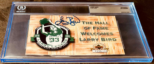 Larry Bird autographed Hall of Fame postcard, authenticated by Beckett, limited edition 1596/1998