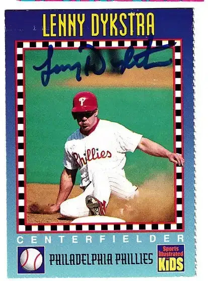 Lenny Dykstra autographed SI for Kids card - outfielder for the Philadelphia Phillies, signed in blue Sharpie