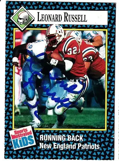 Leonard Russell autographed SI for Kids card - running back for the New England Patriots, signed in blue Sharpie