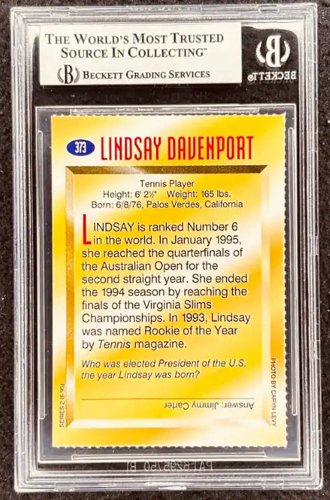 Lindsay Davenport tennis player autograph card graded by Beckett, featuring stats and career highlights