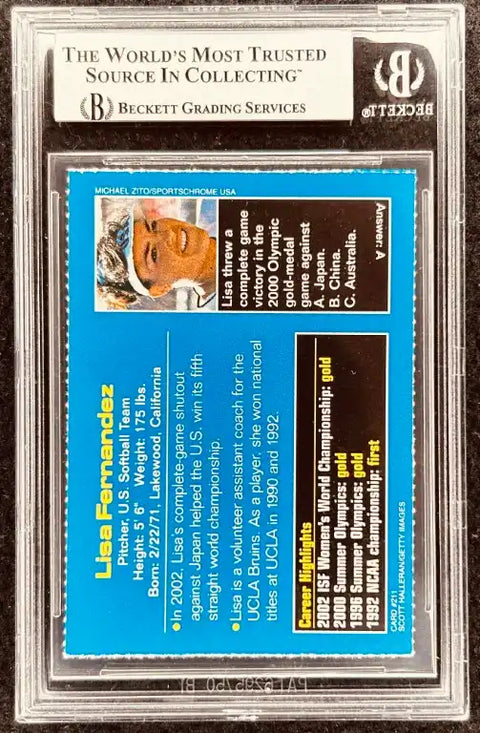 Lisa Fernandez autographed softball card, Beckett graded, USA Olympic gold medalist, UCLA Bruins pitcher