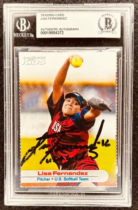 Lisa Fernandez U.S. Softball Team autographed trading card, Beckett authenticated, pitcher in action