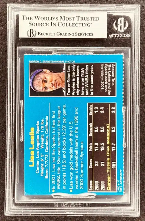 Lisa Leslie WNBA trading card graded by Beckett, featuring stats and career highlights in protective slab