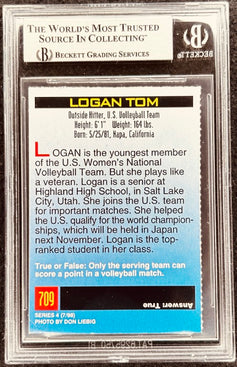 Logan Tom U.S. Volleyball Team autographed card, graded by Beckett, featuring stats and bio details.