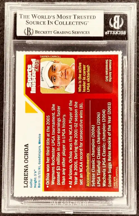 Lorena Ochoa golf autograph card, graded by Beckett, featuring career stats and achievements