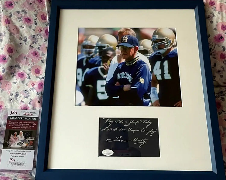 Lou Holtz autograph framed Notre Dame 8x10 photo w/ Play Like A Champion Today JSA - AutographsForSale.com