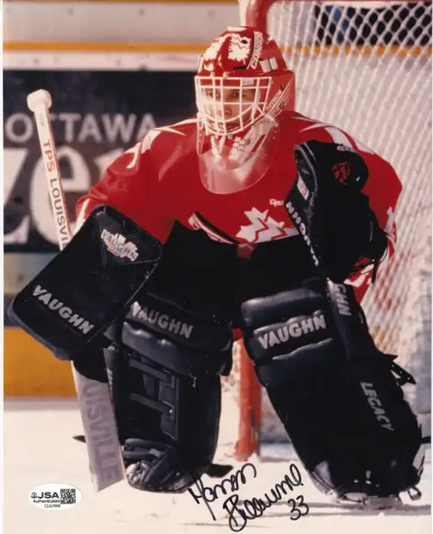 Hockey goalie in red Canada jersey with Vaughn gear, signed photo, NHL memorabilia