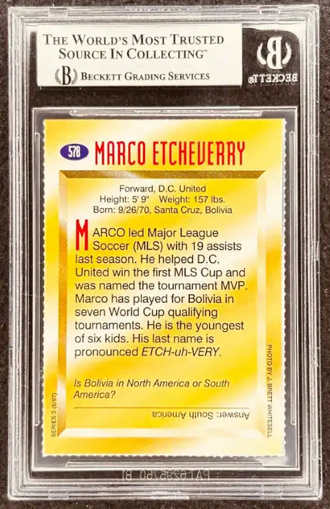 Marco Etcheverry soccer card, graded by Beckett, featuring MLS stats and Bolivian heritage details.