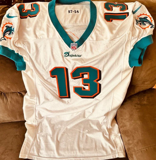 White Miami Dolphins NFL football jersey number 13 with teal and orange accents