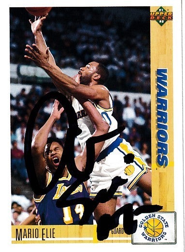 Mario Elie autographed Golden State Warriors basketball card, signed in black marker, Upper Deck trading card