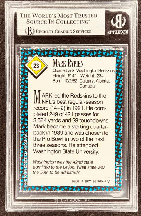 Mark Rypien signed Redskins 1992 SI for Kids card BAS (back)