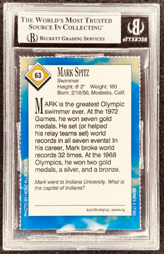 Mark Spitz Olympic swimmer trading card, graded by Beckett, featuring 1972 gold medal stats and trivia