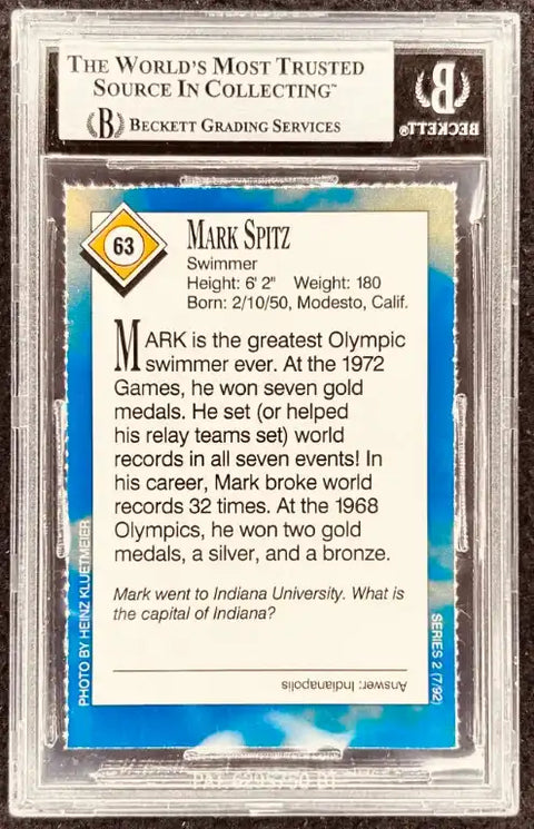 Mark Spitz Olympic swimmer trading card, graded by Beckett, featuring 1972 gold medal stats and trivia
