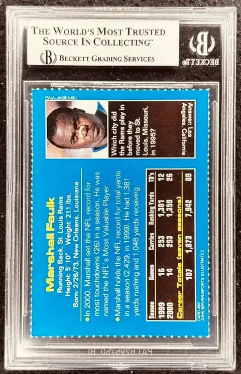 Marshall Faulk signed St Louis Rams 2001 SI for Kids card BAS slab - AutographsForSale.com