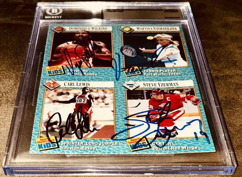 Autographed sports card featuring Wilkins, Navratilova, Lewis, and Yzerman in protective case