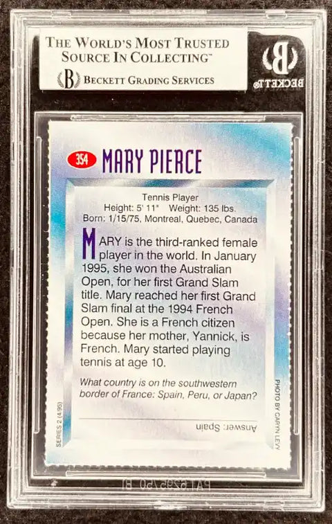 Mary Pierce tennis player trading card, graded by Beckett, featuring bio and trivia details.
