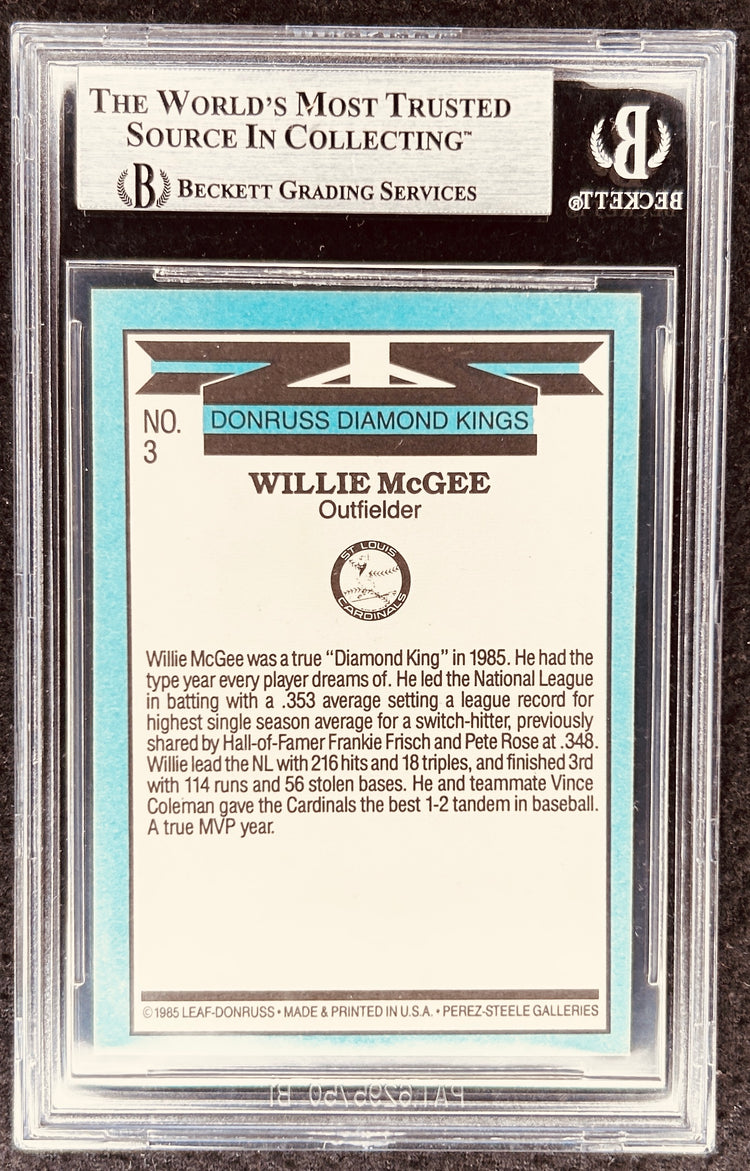 Willie McGee 1985 Donruss Diamond Kings baseball card, graded by Beckett, St. Louis Cardinals outfielder